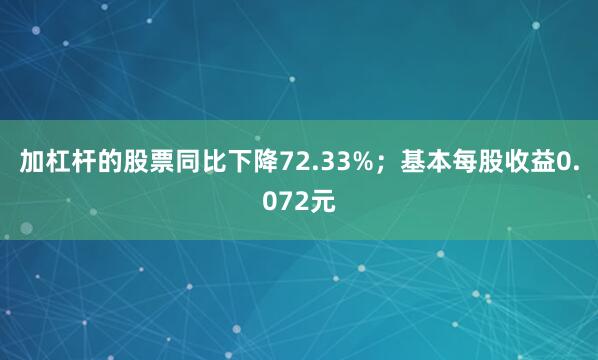 加杠杆的股票同比下降72.33%；基本每股收益0.072元